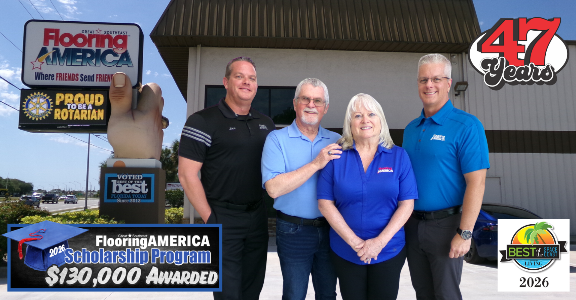 Family flooring store owners standing in front of store