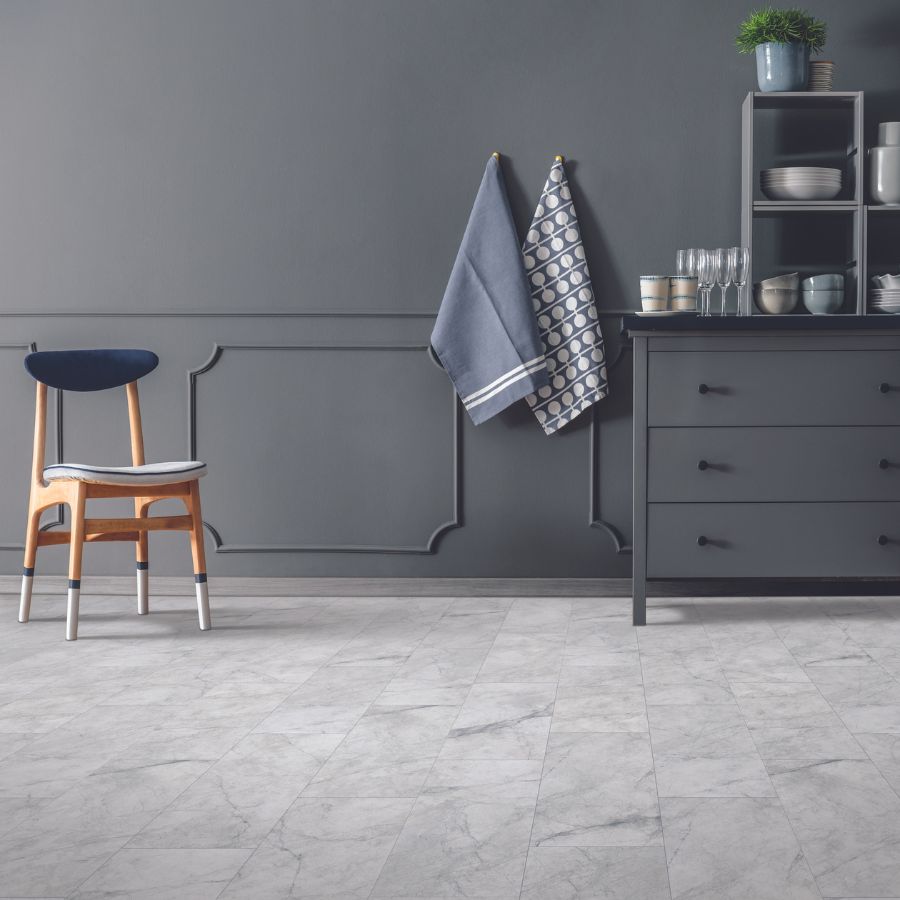 travertine grey stone look flooring in kitchen