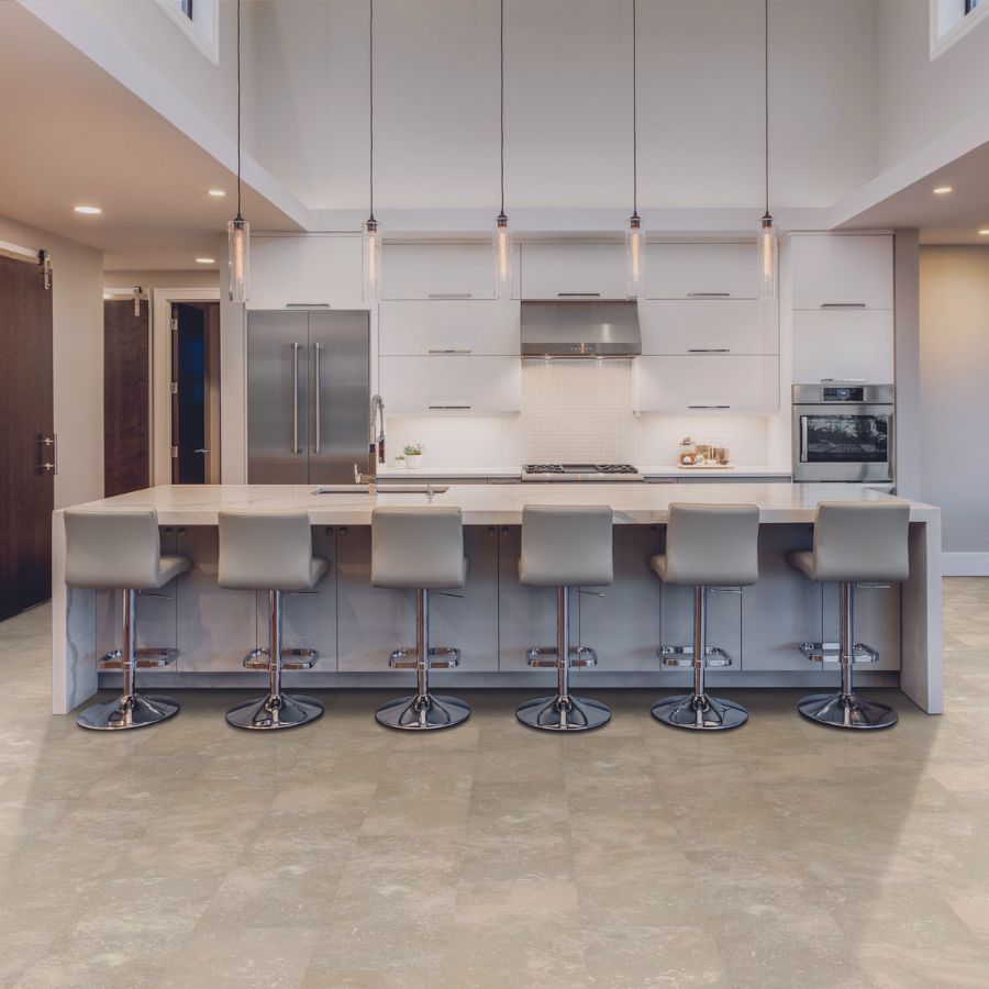 tan tile stone look flooring in kitchen